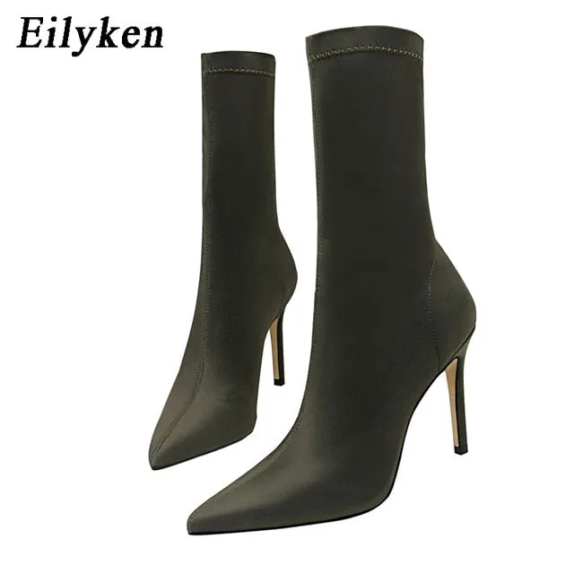 Eilyken 2021 Winter Fashion Women Boots Beige Pointed Toe Elastic Ankle Boots Heels Shoes Autumn Winter Female Socks Boots