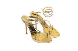 Rene Caovilla  - Gold Rhinestone Sandals with Wrap Around Ankle Strap- IT 39 1/2