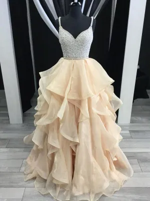 Spaghetti Strap Beaded Top Organza Ruffle Skirt Prom Dresses DPB143